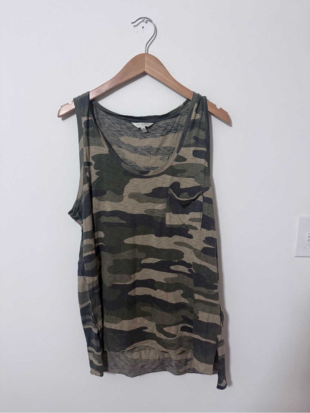 Lucky Brand Green and Beige Camouflage Scoop Neck Tank